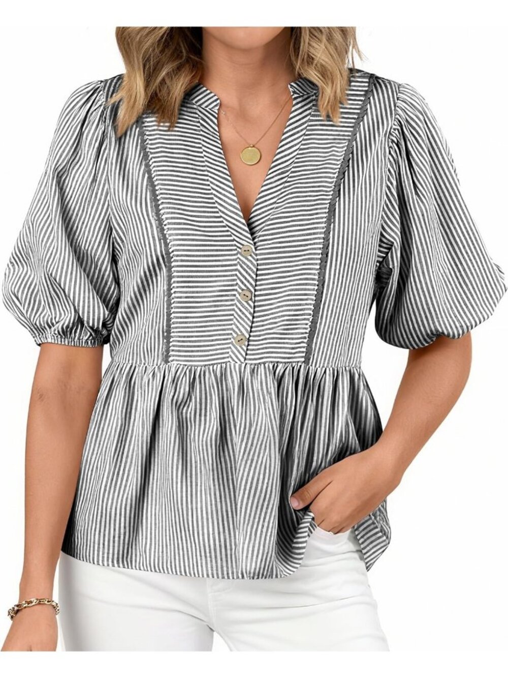 Chic Lantern Sleeve Striped Babydoll Top for Women - Button-Up Style, Trendy